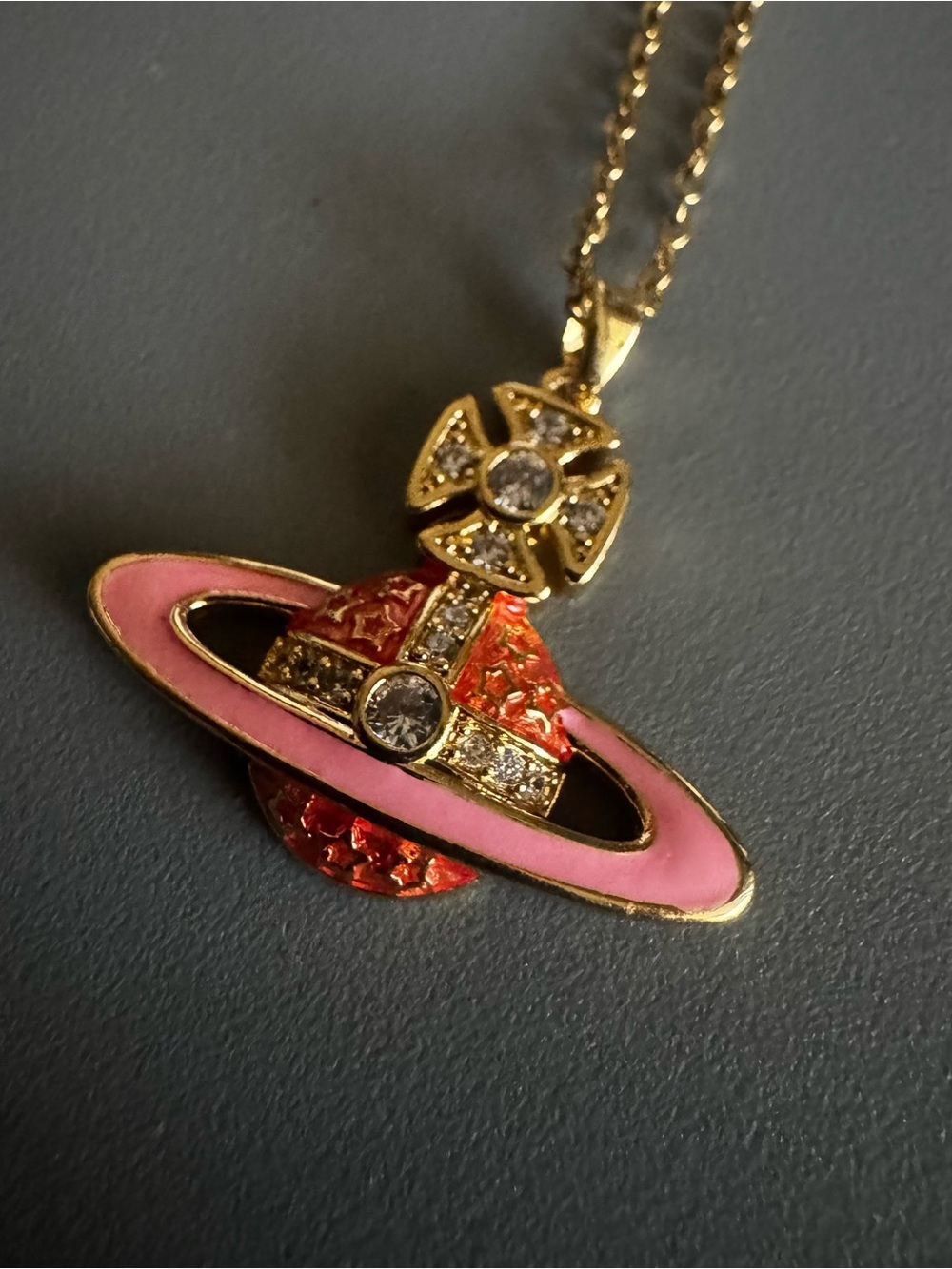 Gold-Tone Pink & Orange Planet Pendant Necklace